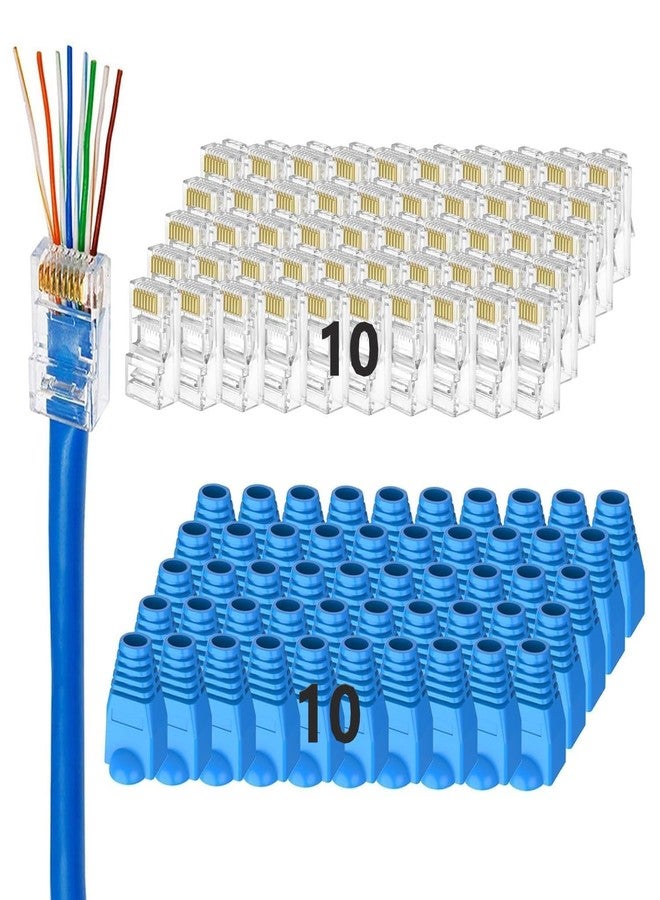 XIKKART UTP RJ45 Connectors, Cat6 RJ45 Pass Through Plugs 10-Pcs, Cat6 RJ45 Plugs with 10-Pcs Strain Relief Boots for Solid or Standard Ethernet Cables, Transparent - Image 1